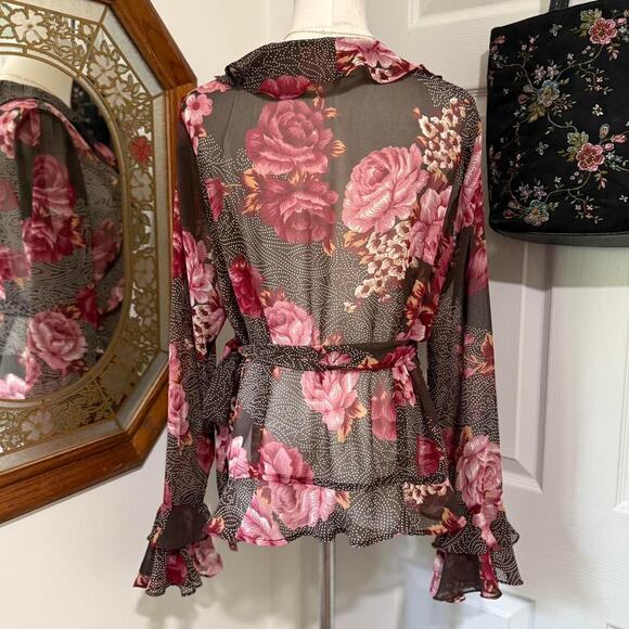 VTG 90s Lew Magram Dark Brown Sheer Mesh & Pink Floral Polka Dot Wrap Top - Picture 5 of 8